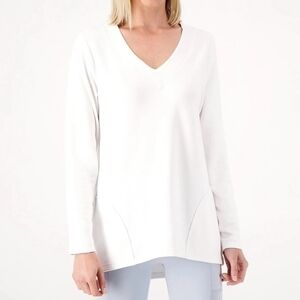 ZUDA Long-Sleeve Z-Knit V-Neck Pocket Pullover, White, Women's Size XS, NWOT
